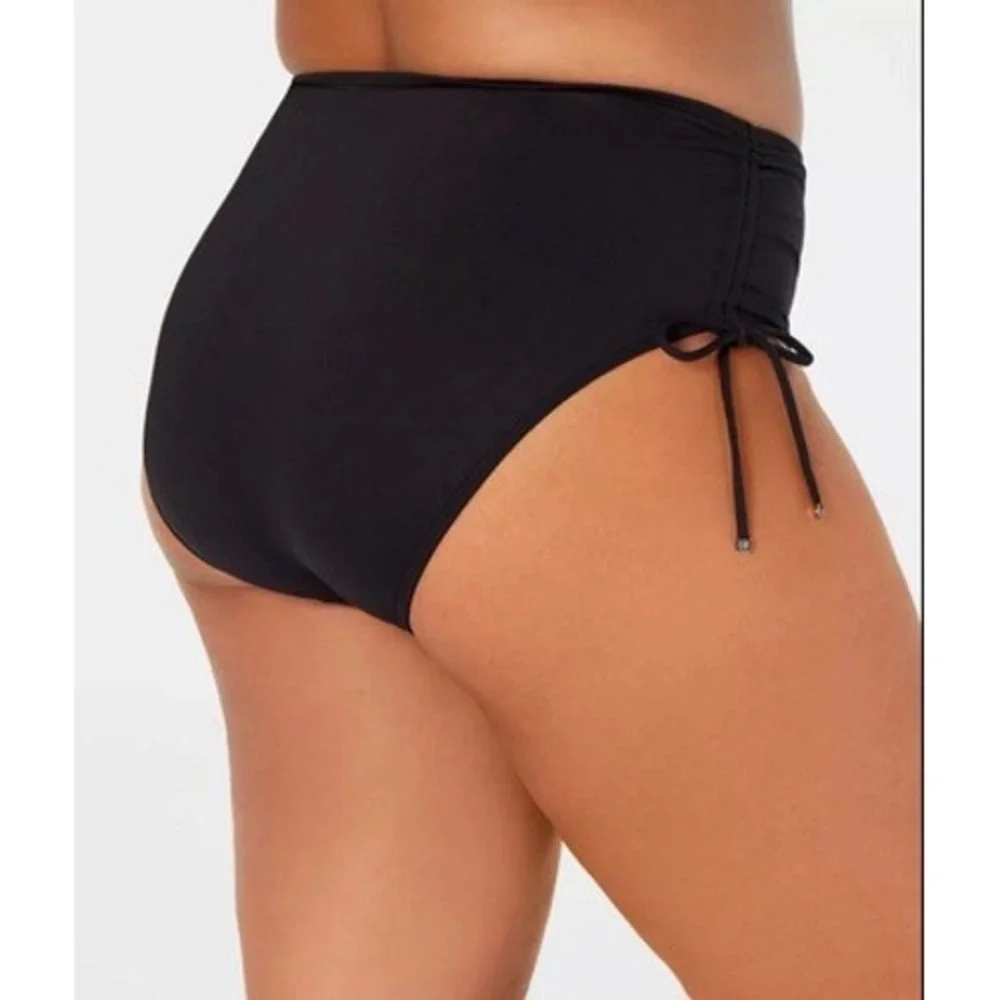 NWT Michael Kors Bikini Bottoms Womens Black High Waist Side Tie Ruched 18W $68